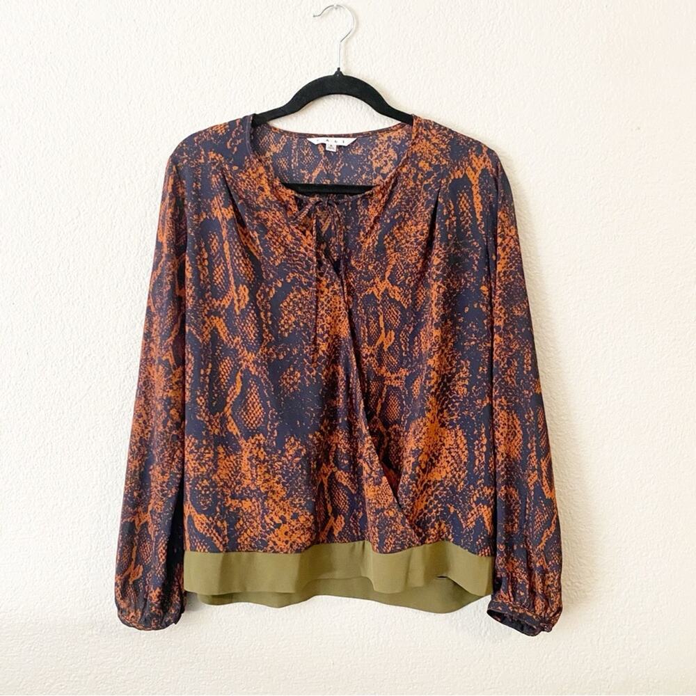 CAbi 101 Border Wrap Blouse Python Long Sleeve Size Small Orange Blue